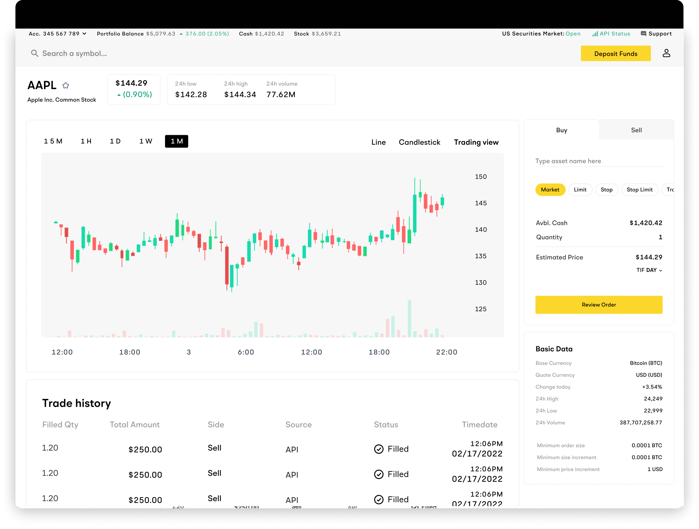 Alpaca web trading dashboard showing portfolio overview and market data