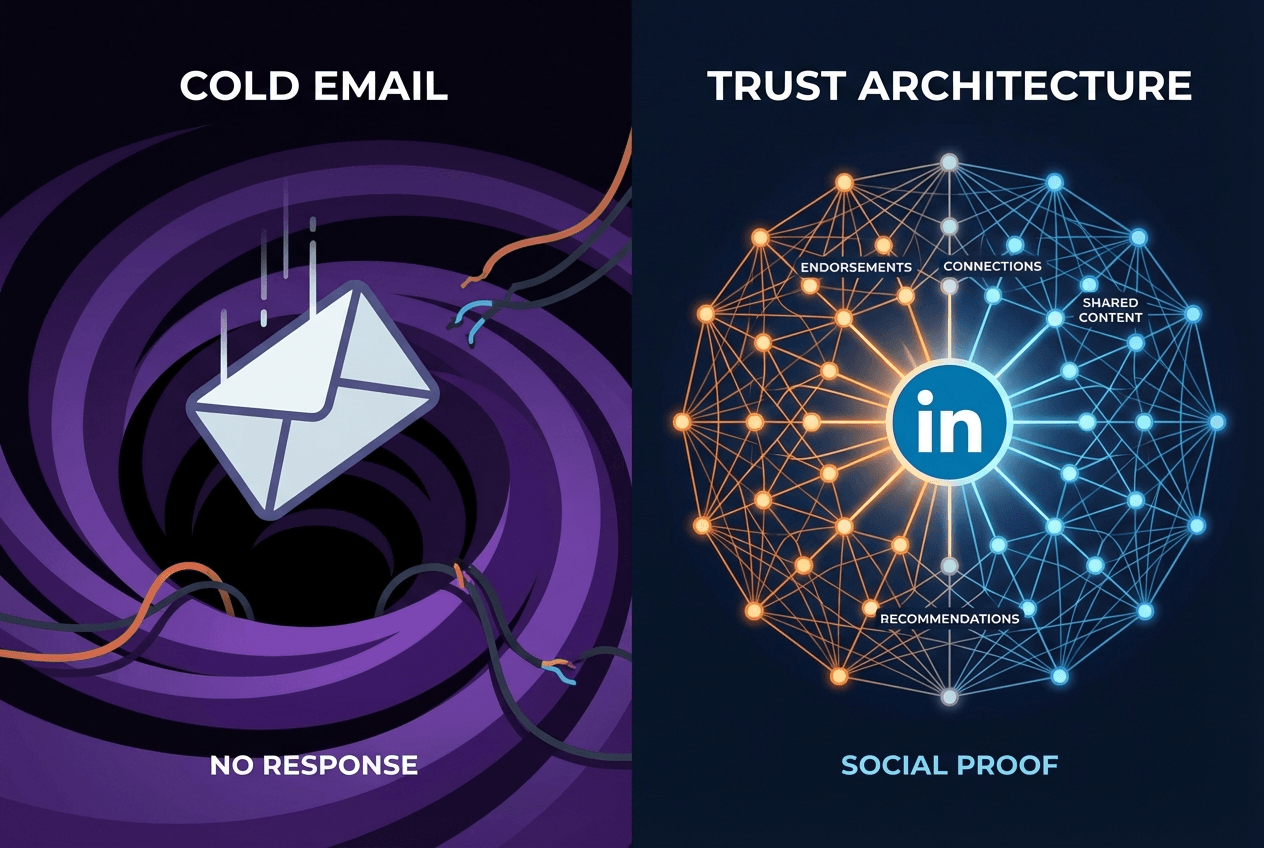 LinkedIn outreach leverages a 'trust architecture' that cold email simply cannot replicate for unvalidated brands.